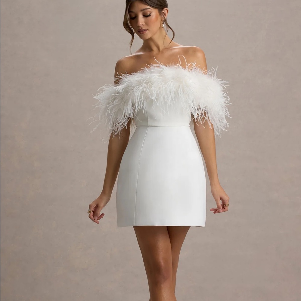 Club L London Off Shoulder White Feather Dress